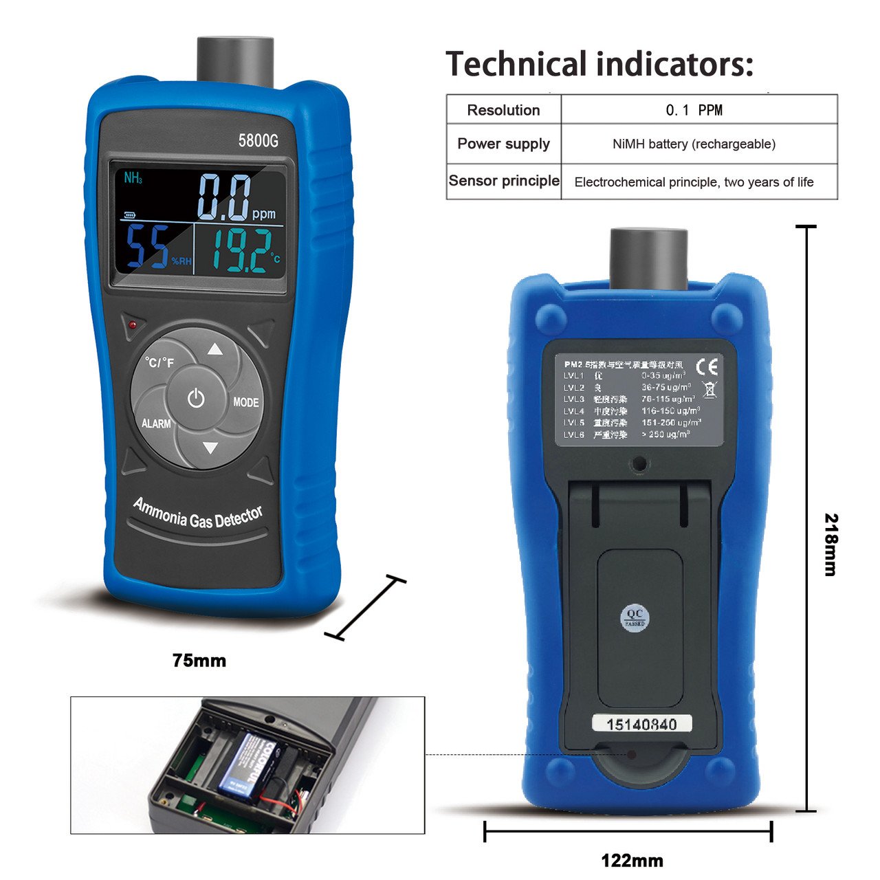 HOLDPEAK HP-5800G Digital LCD Gas Detector Tester Monitor 0~100 PPM Ammonia Leak Detector Household Industrial Laboratory