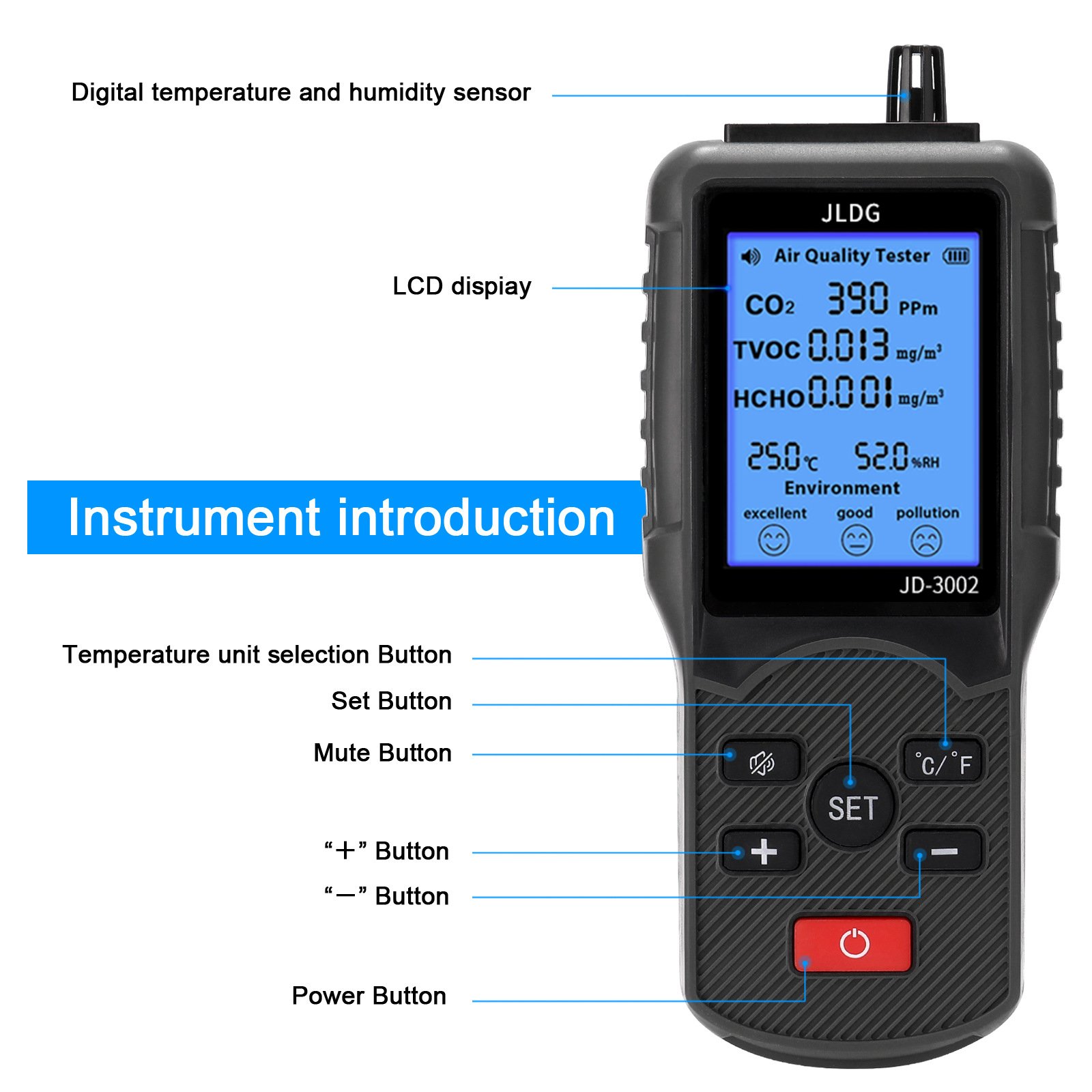 Portable JLDG JD-3002 CO2 Testers CO2 Concentration Detector For Decoration Companies
