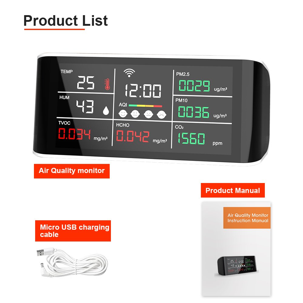 USB Rechargeable Indoor Air Quality Tester CO2 PM2.5 HCHO TVOC Monitor CE Certified with NDIR Sensor & Data Export Download