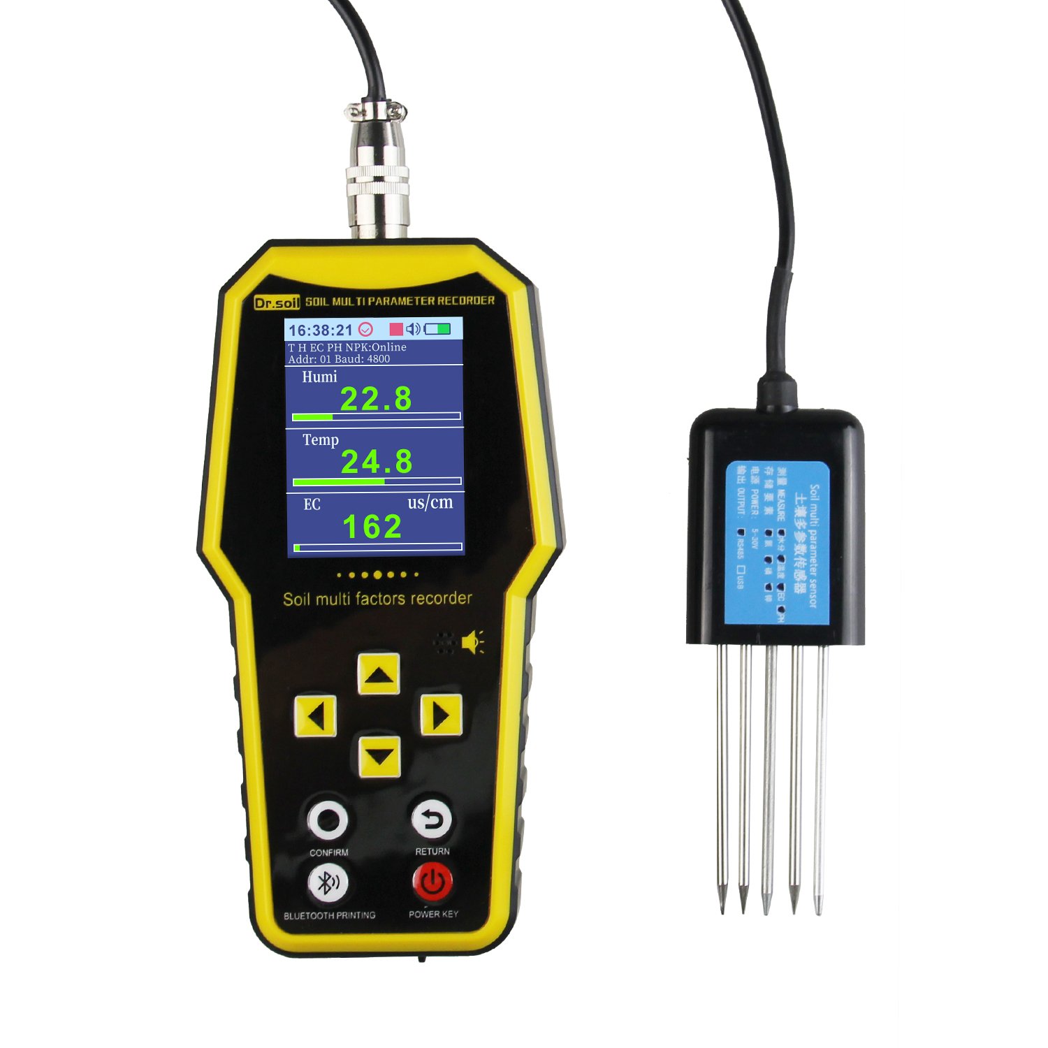 Intelligent soil detector sensor soil nutrient speedometer temperature + humidity + EC + PH + NPK storage detector field display