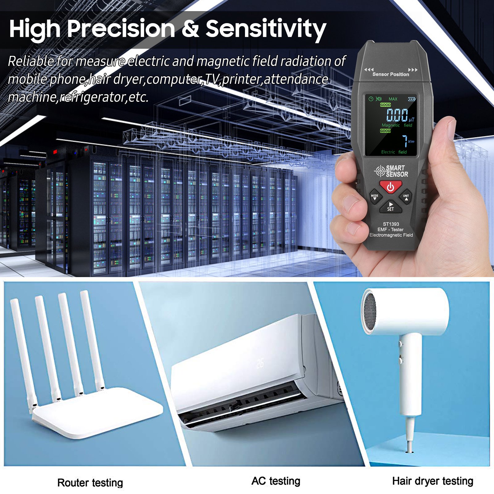 SMART SENSOR ST1393 EMF Meter Electromagnetic Field Detector Handheld Mini Digital LCD Electromagnetic Field Radiation Tester