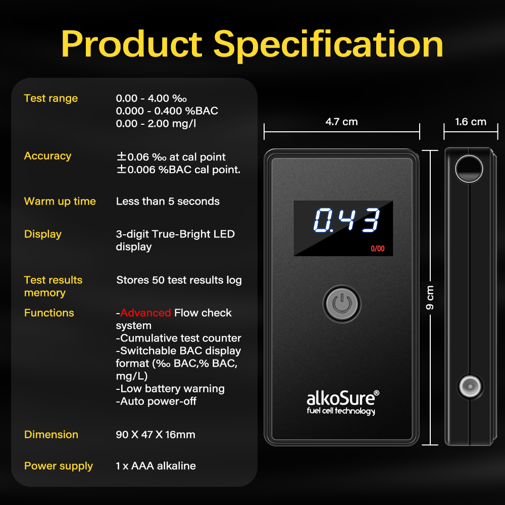 Fuel cell alcohol tester breathalyzer portable non contact LED display alcohol tester