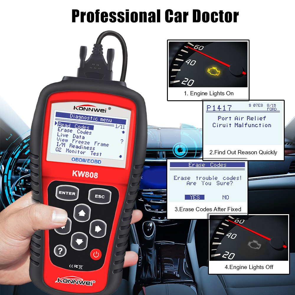 KONNWEI KW808 obd 2 tester auto diesel gasoline gas analyzer emissio scanner ecu EGR EVAP O2 Sensor OBDII Scanner