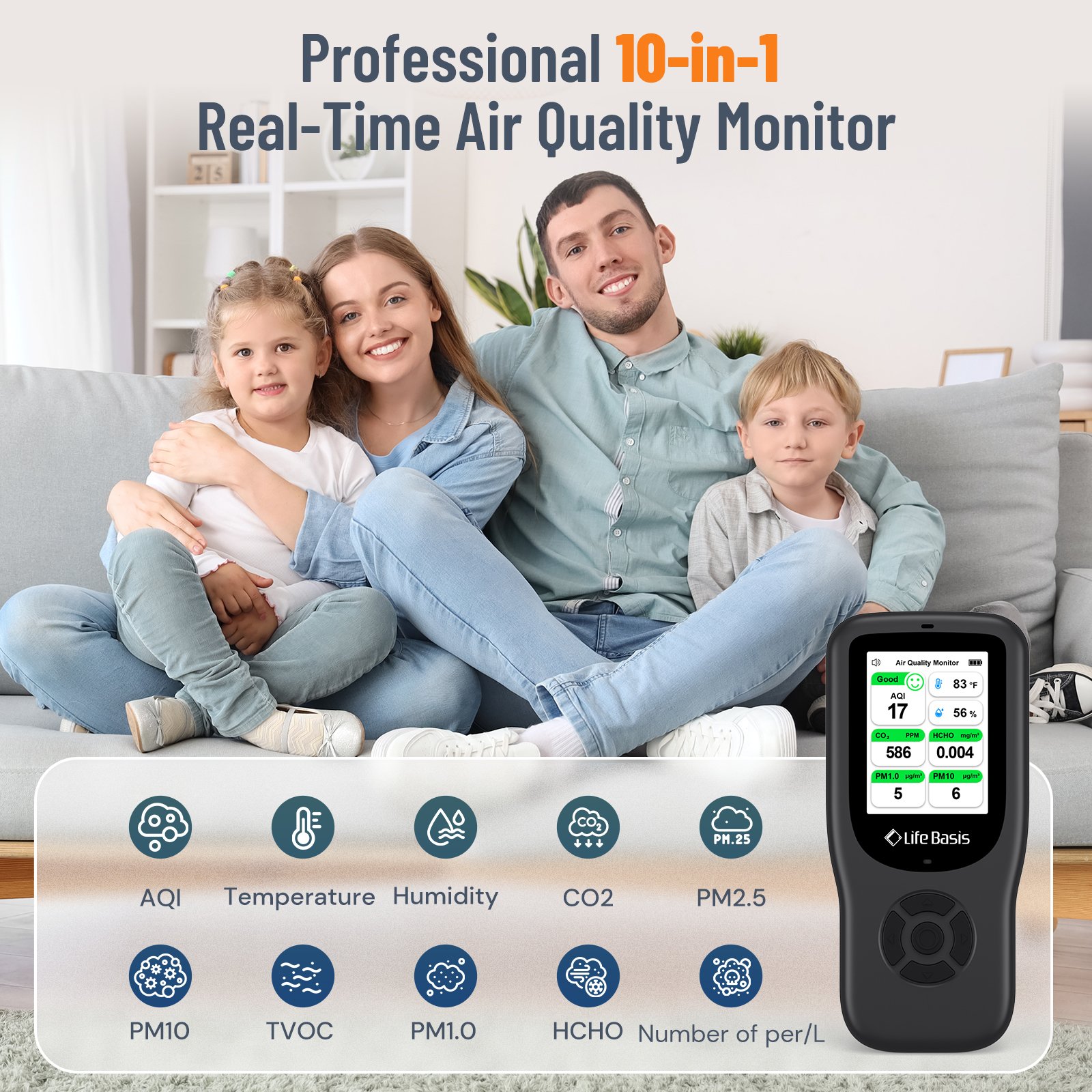 LifeBasis 10 In 1 Multi-Gas Detector WIFI CO2 HCHO TVOC Air Quality Detector TEM HUM Gas Analyzer Air Quality Monitor