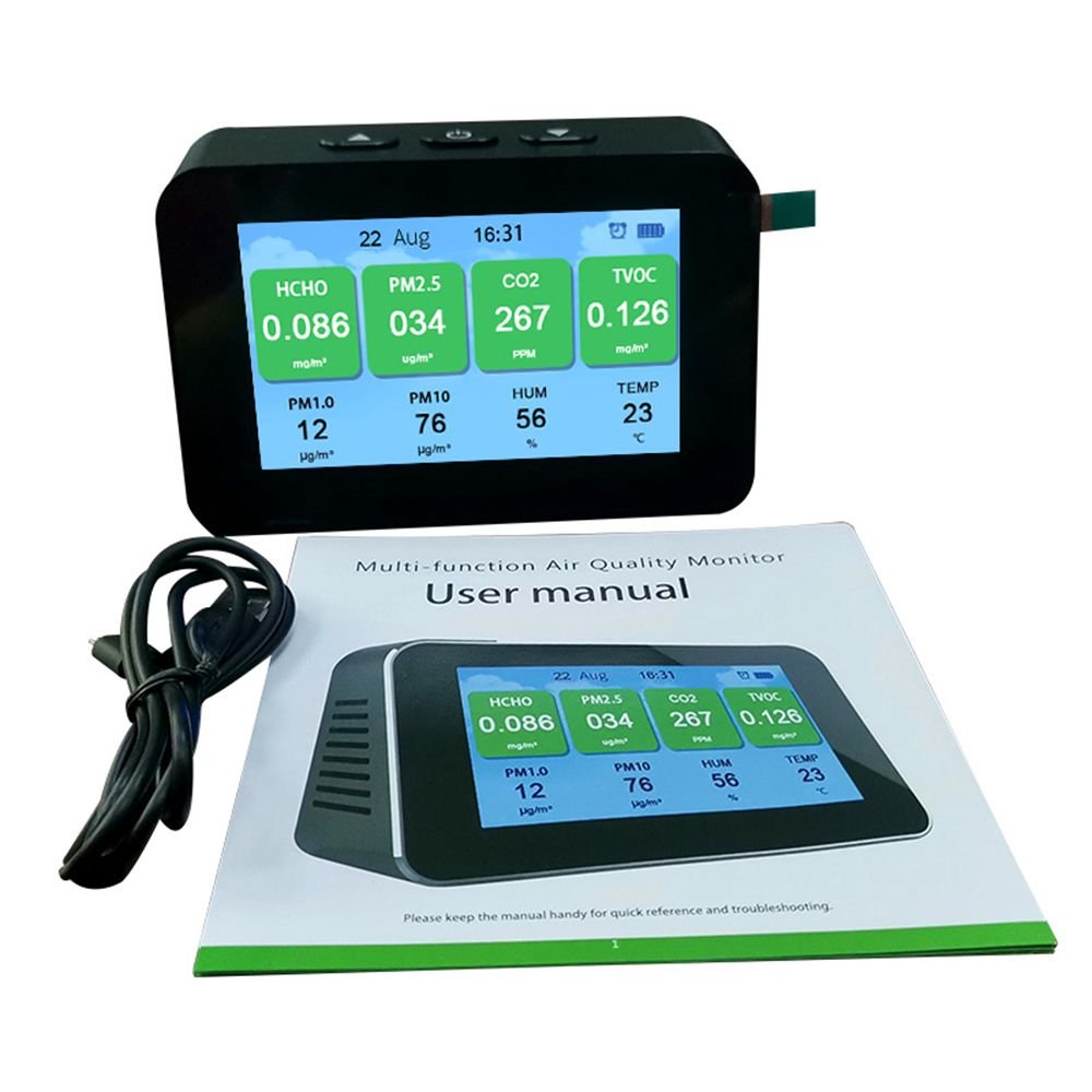 10 in 1 Air Quality Monitor CO2/PM2.5/PM1.0/PM10/TVOC/HCHO/Temp/Humidity Detector with Alarm Support Data Save for Home Office