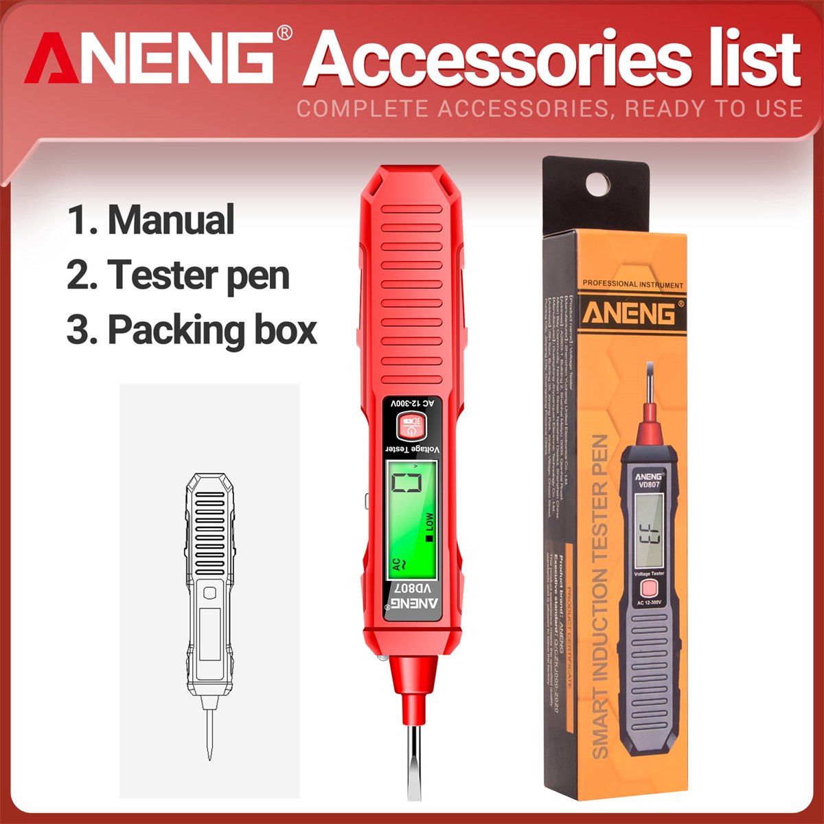 ANENG VD807 Slotted Induction Portable 50/60Hz Smart Electric Pen Tester NCV Sensor AC 12-300V Non-contact Wire Detector Tools
