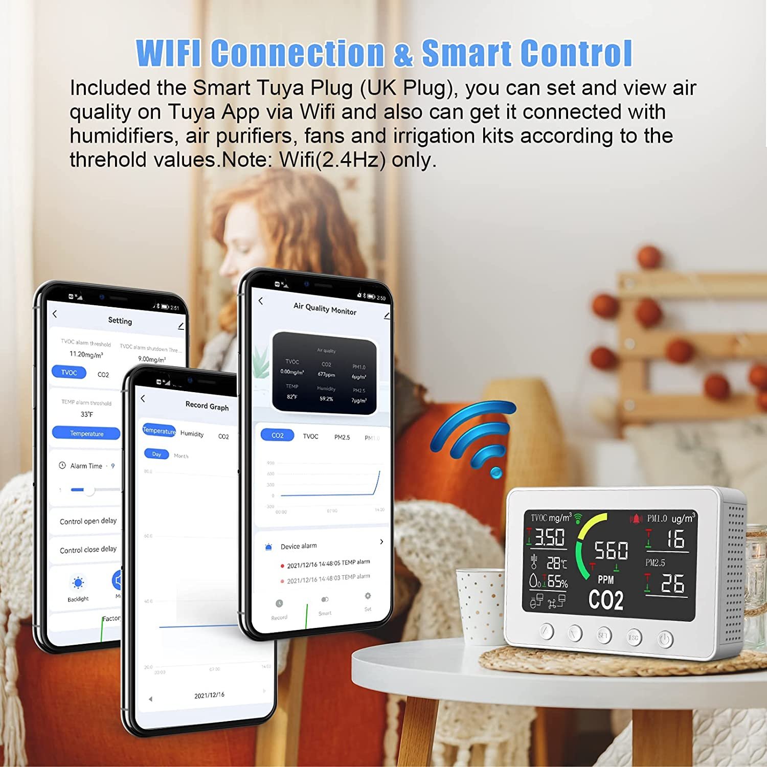 Tuya Wifi CO2 tester mulit 7 in 1 CO2 Sensors tvoc Detector with Rechargeable Battery Air Quality meter Detector Carbon Dioxide