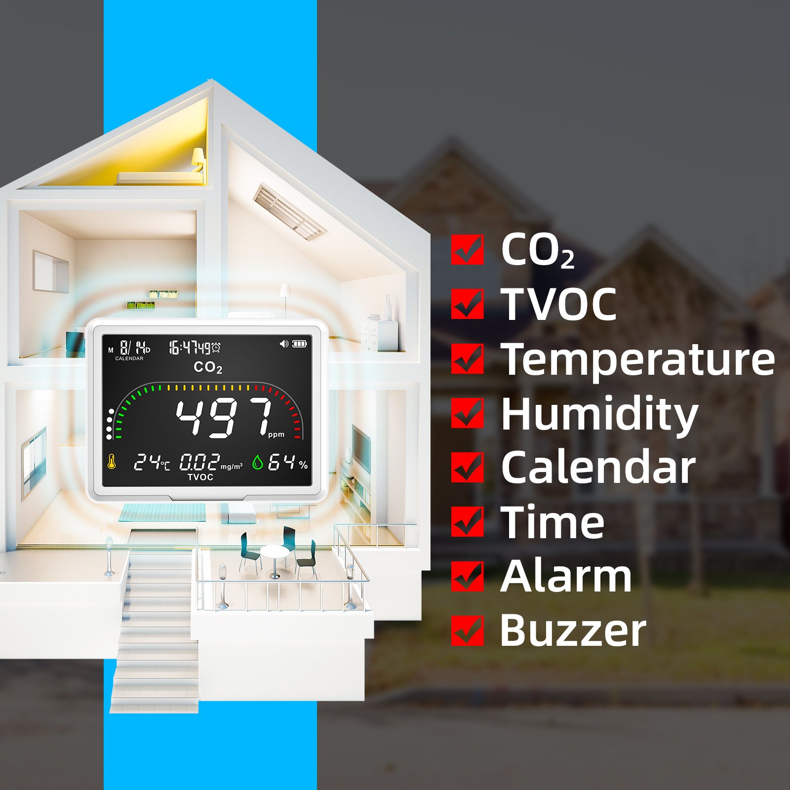 New Digital Wall Mount Carbon Dioxide Detector TVOC Co2 Monitor temperature and humidity Co2 Meter Sensor