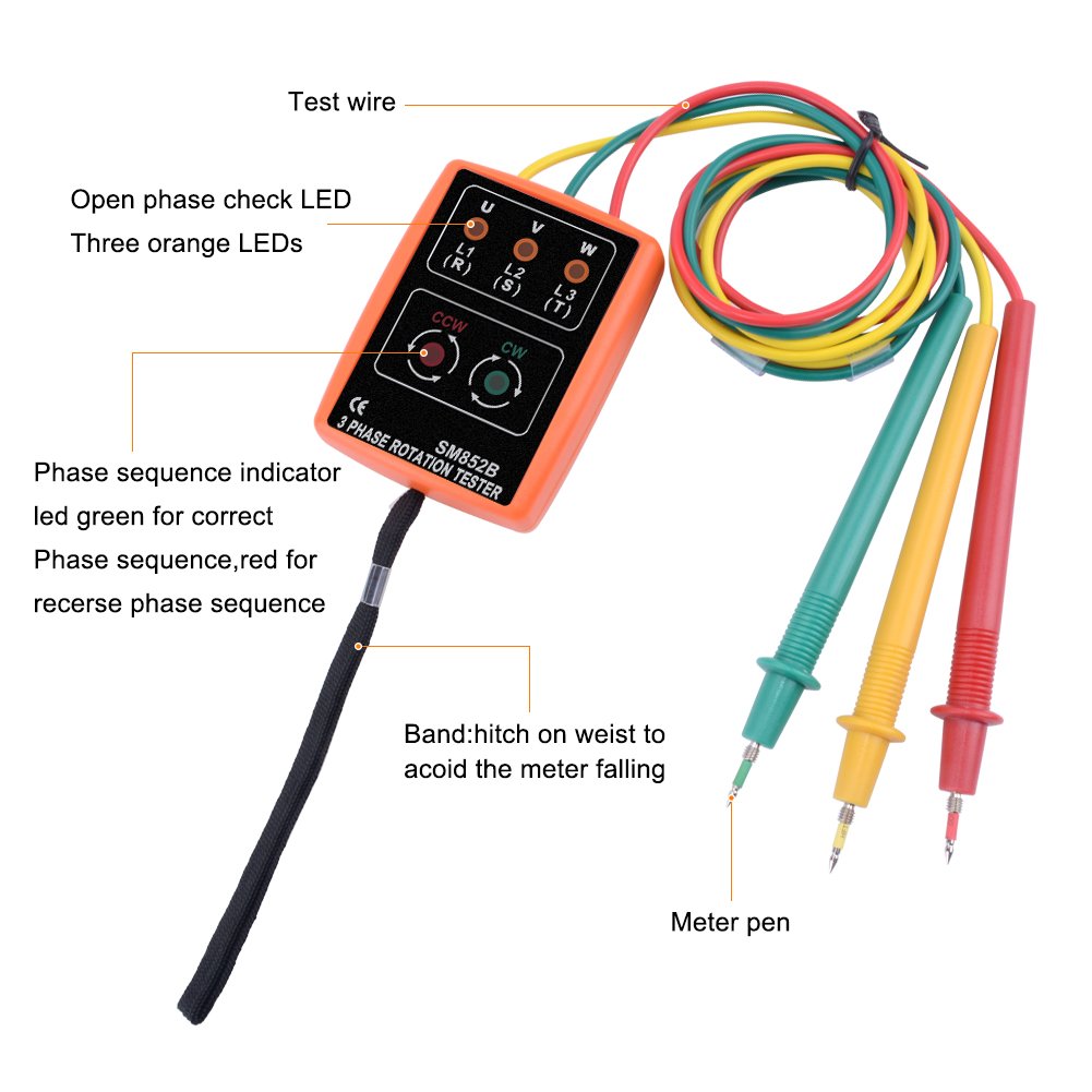60V~600Vac Phase sequence tester Indicator 3 Phase Rotation Tester Digital Phase Indicator Detector LED Meter