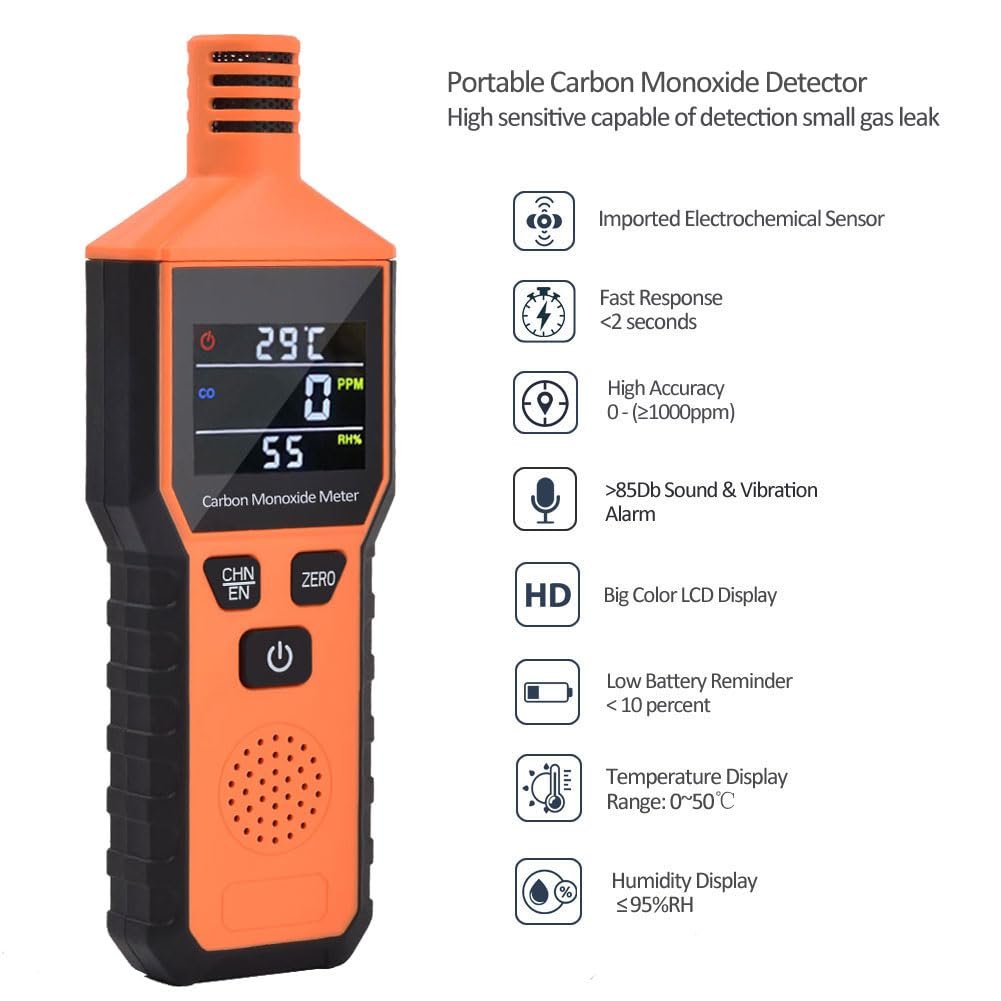3-in-1 CO Monitor Temp/Humidity Detector with Color LCD Display, CO Sensor Tester for Industrial/Home/Camping