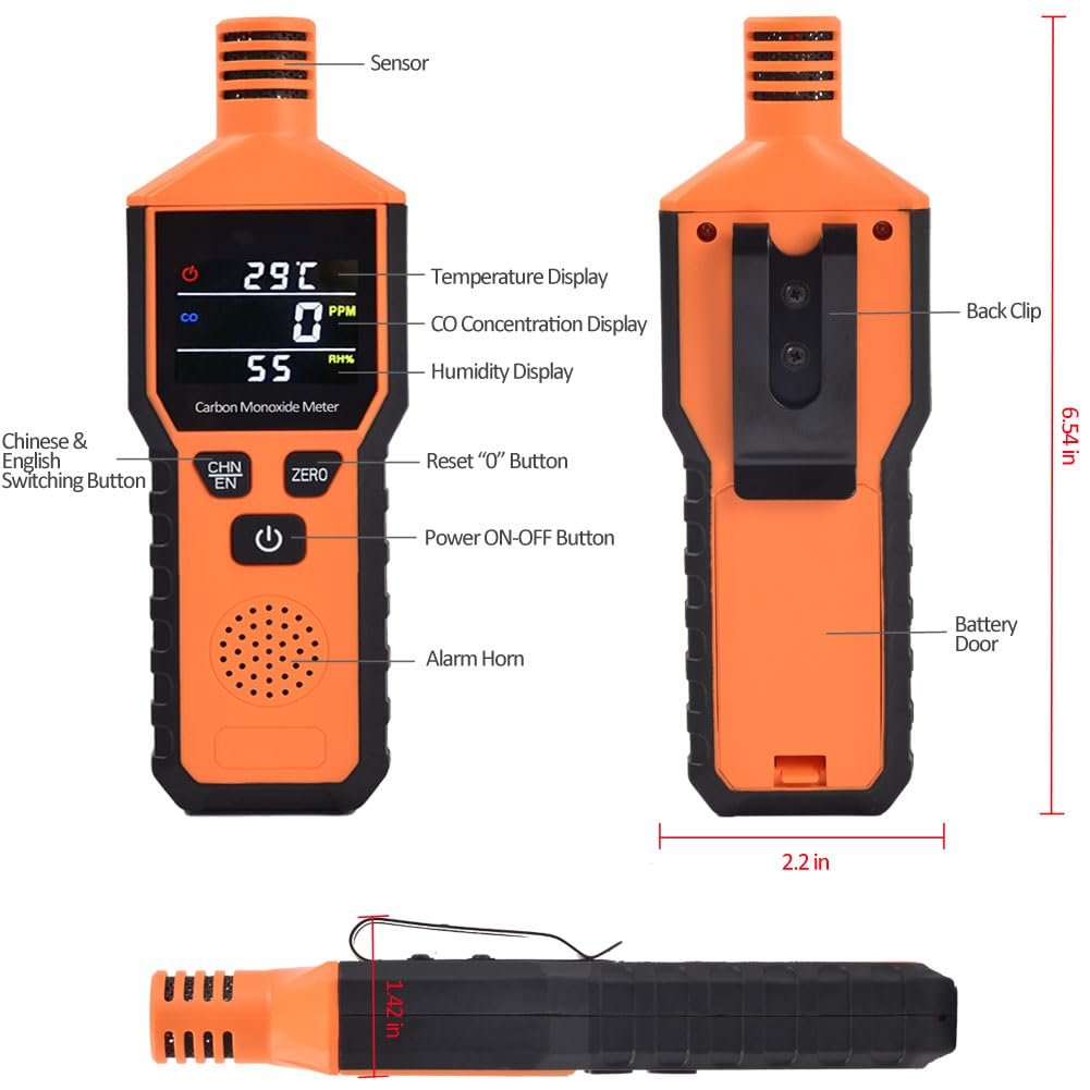 3-in-1 CO Monitor Temp/Humidity Detector with Color LCD Display, CO Sensor Tester for Industrial/Home/Camping