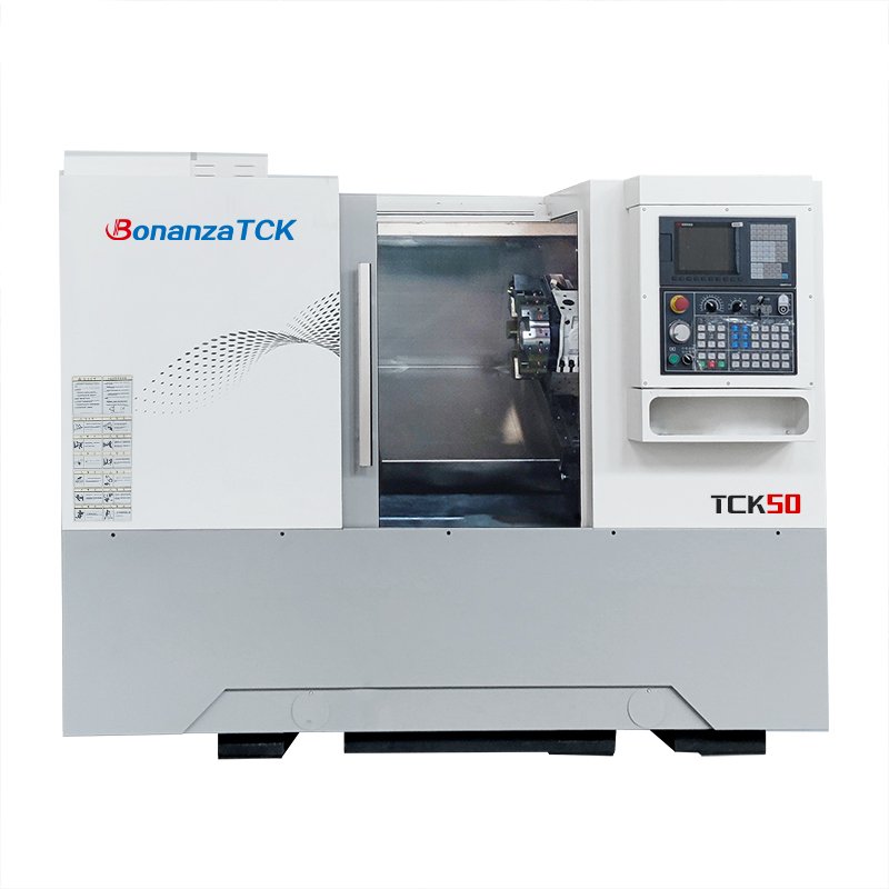 65mm spindle bore 8 tool station turret 2 axis slant bed cnc lathe machine TCK50G