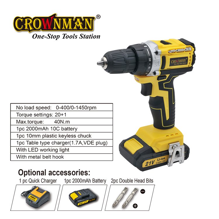 CROWNMAN Power Brushless Motor 40N.m 10mm Chuck 21V Cordless Drill