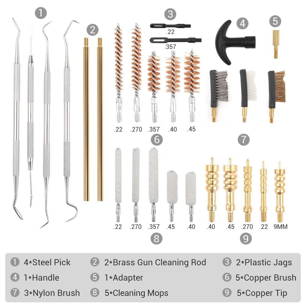 r.22.27.30.357.38,9mm.40.45 Caliber Gun Cleaning tool with Bronze Bore Brush Gun Cleaning Kit
