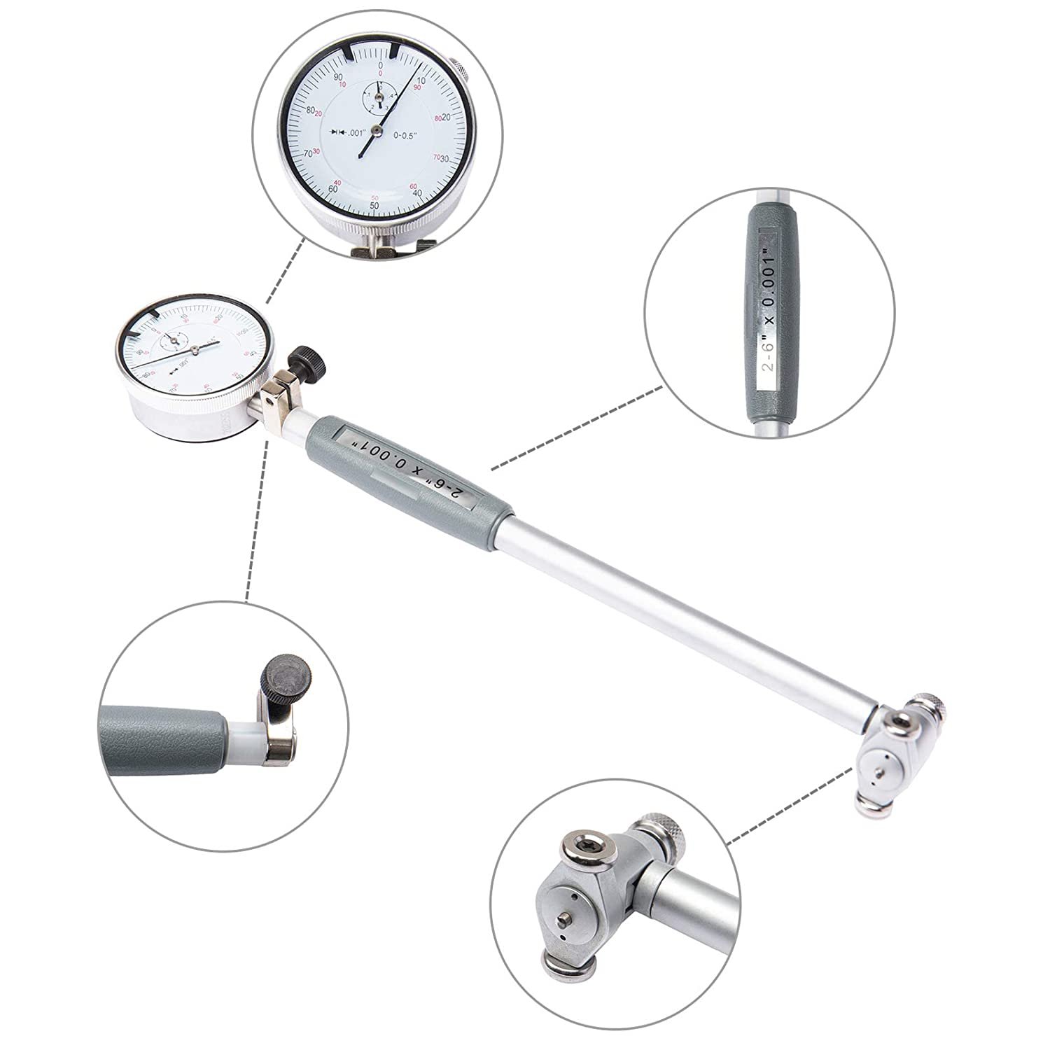 2"-6" Range 0.001" Gauge Stem Length 6'' Cylinder Dial Indicator Bore Gage with Carbide anvils