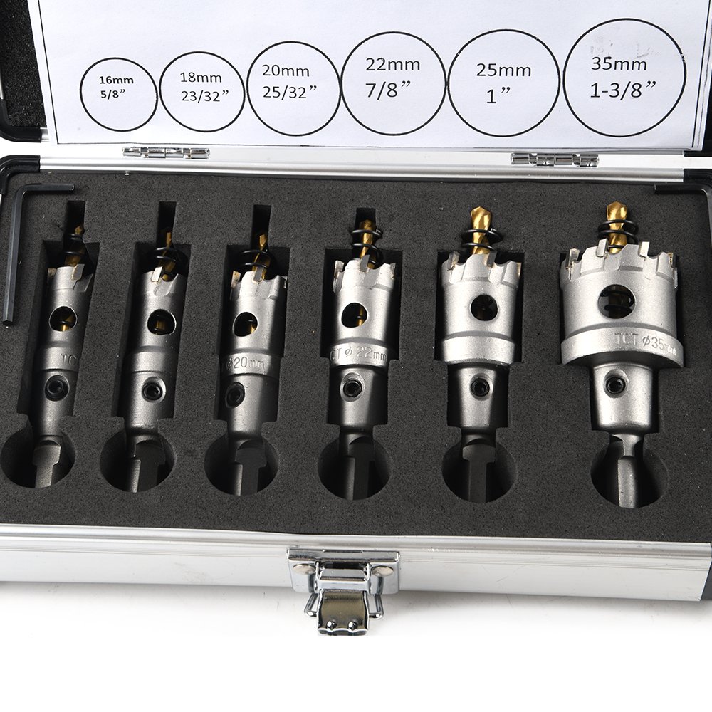 Naipu 6Pcs Carbide Tip TCT Drill Bit Hole Saw 16-35mm Drill Bit Set Hole Saw Cutter For Stainless Steel Metal Alloy Drilling