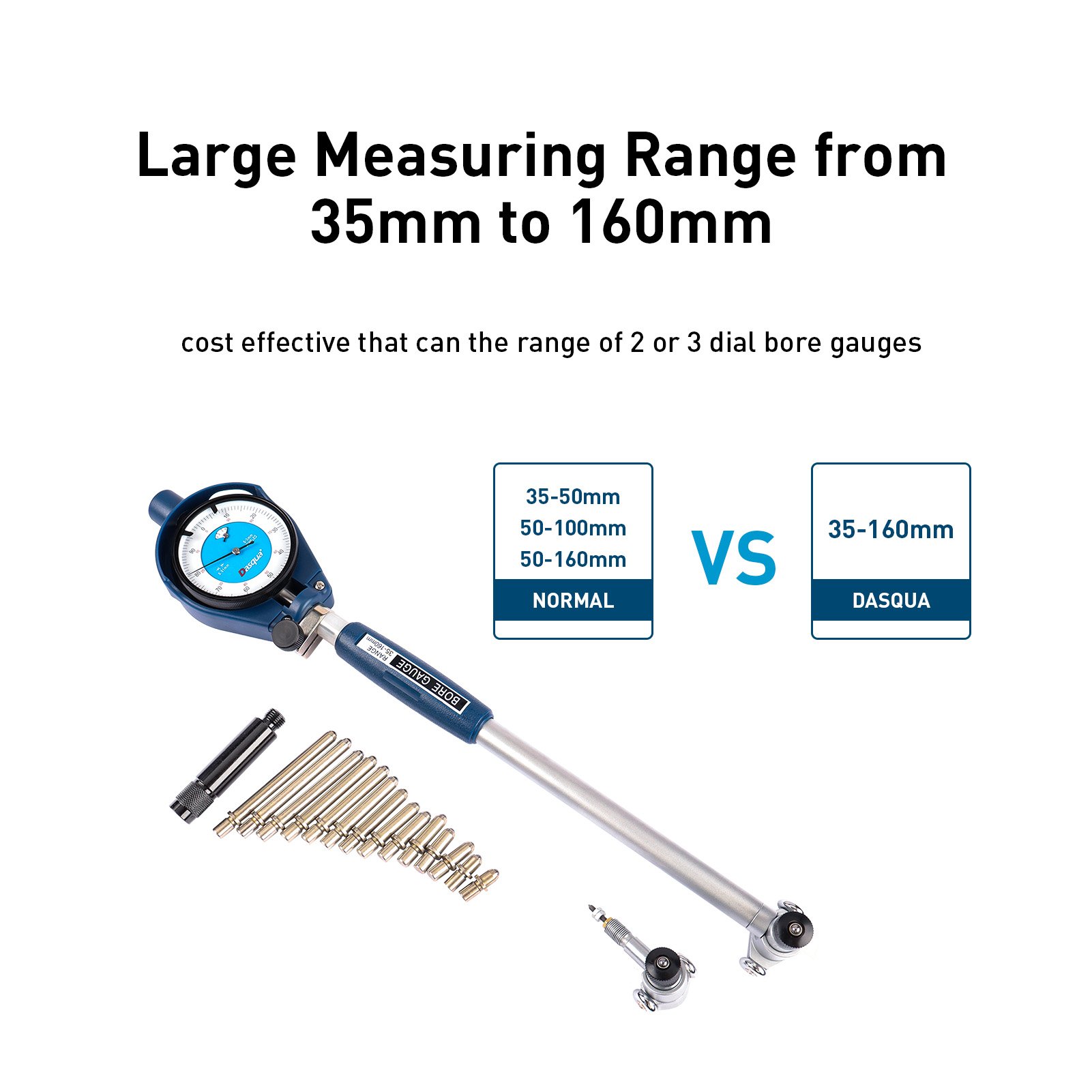 DASQUA Extra Long Range 35-160mm Alexometer Dial Bore Gauge Set for Deep Engine Cylinder Measurement with Carbide Anvils
