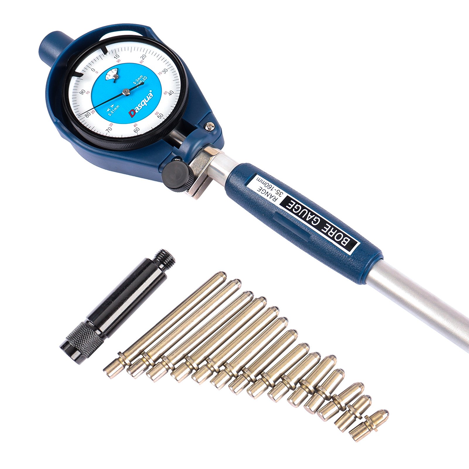 DASQUA Extra Long Range 35-160mm Alexometer Dial Bore Gauge Set for Deep Engine Cylinder Measurement with Carbide Anvils