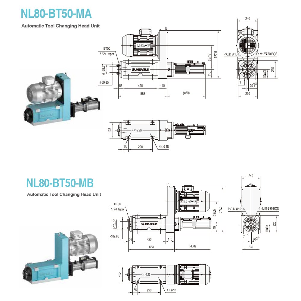 NL80-BT50 5.5kw motor automatic tool change spindle cnc atc bt50 spindle head unit