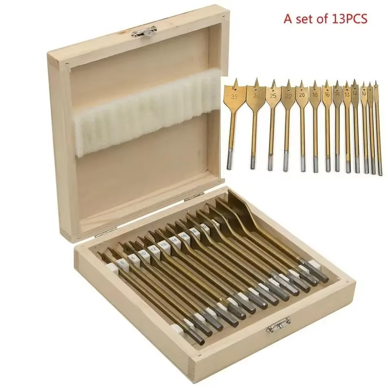 13 Piece Spade Drill Bit Set Flat BitQuick Change Shank Titanium Coated Woodworking Bits for Wood Hole Cutting