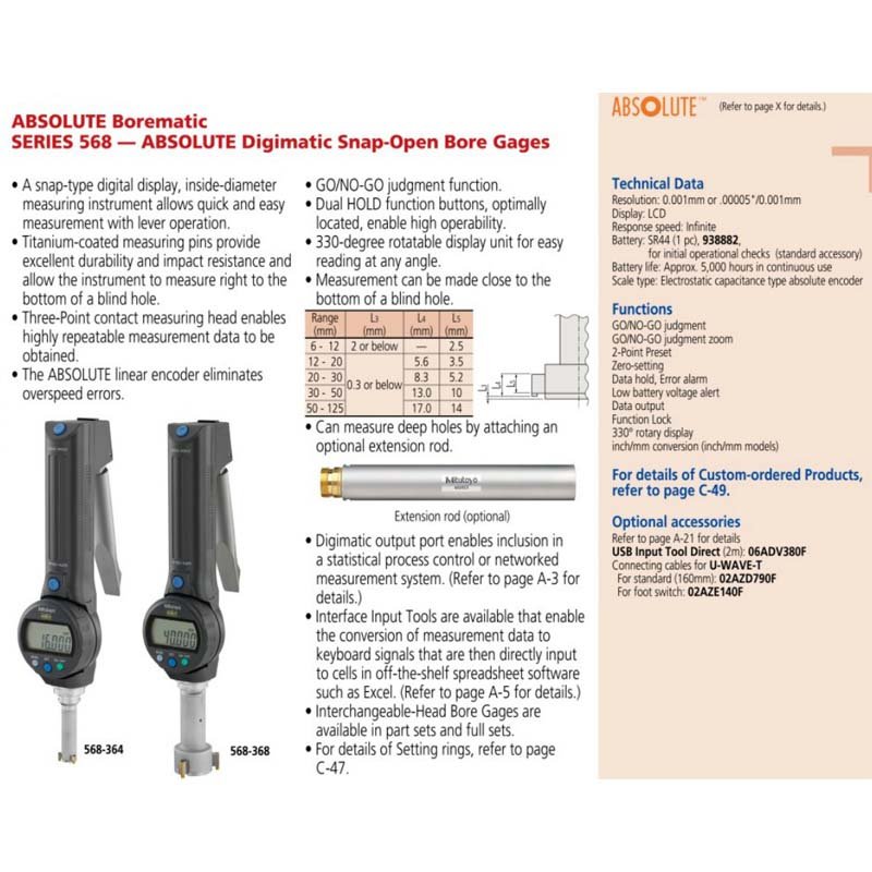 Mitutoyo ABSOLUTE Borematic SERIES 568 - ABSOLUTE Digimatic Snap-Open Bore Gages