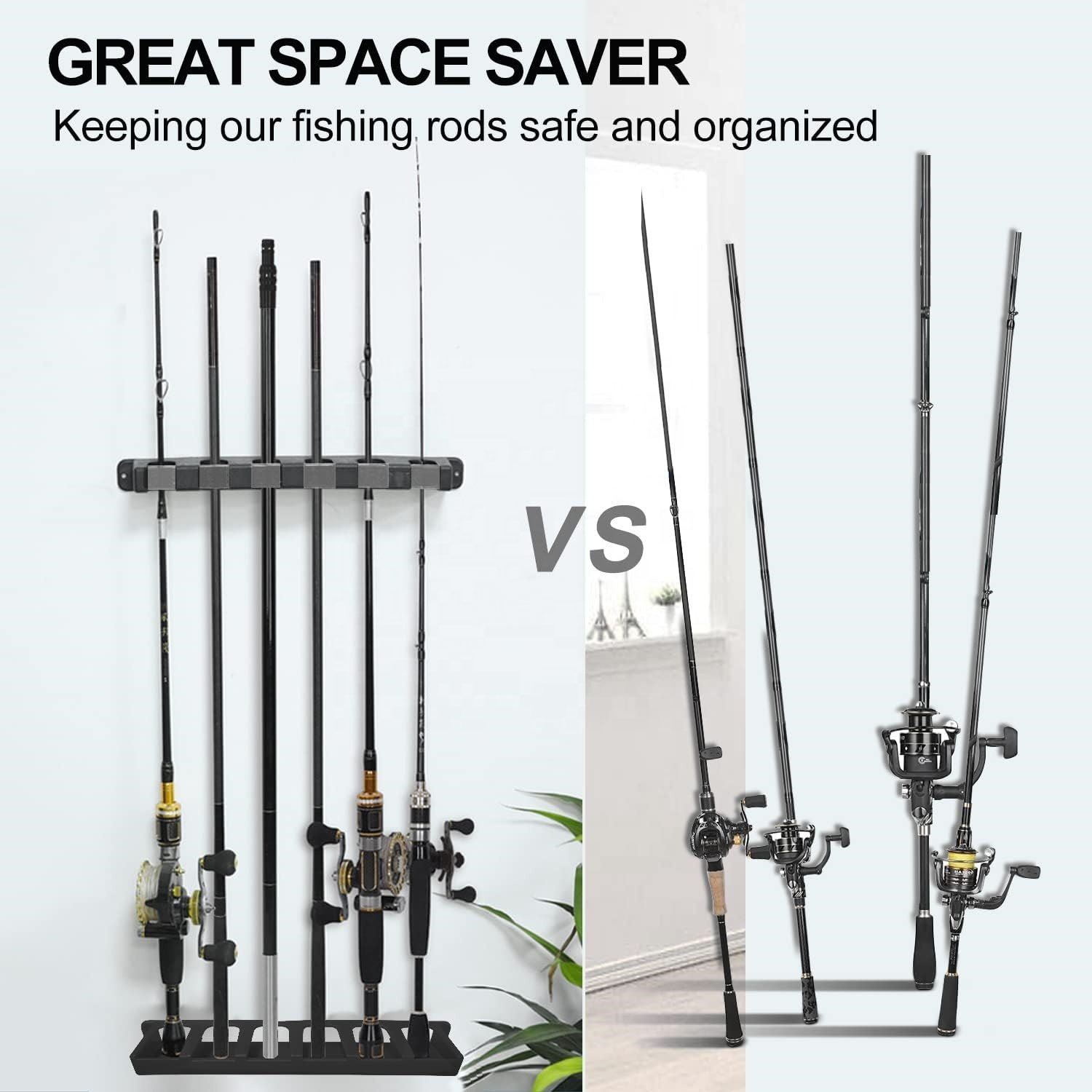 Fishing Rod Display Rack 2 pairs Wall Mount or ceiling Black Vertical or Horizontal 6 Rods Fishing Rod Holder