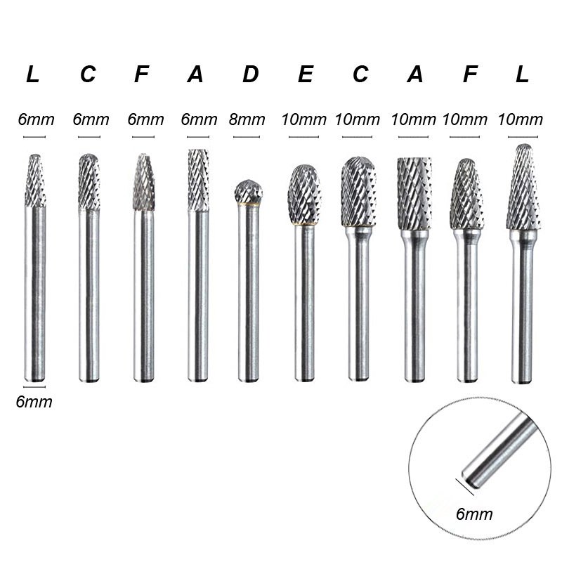 PMS 10pcs Handle Grain Grinding Head Tungsten Carbide Grinding Head Rotary File Tungsten Carbide Burr Set