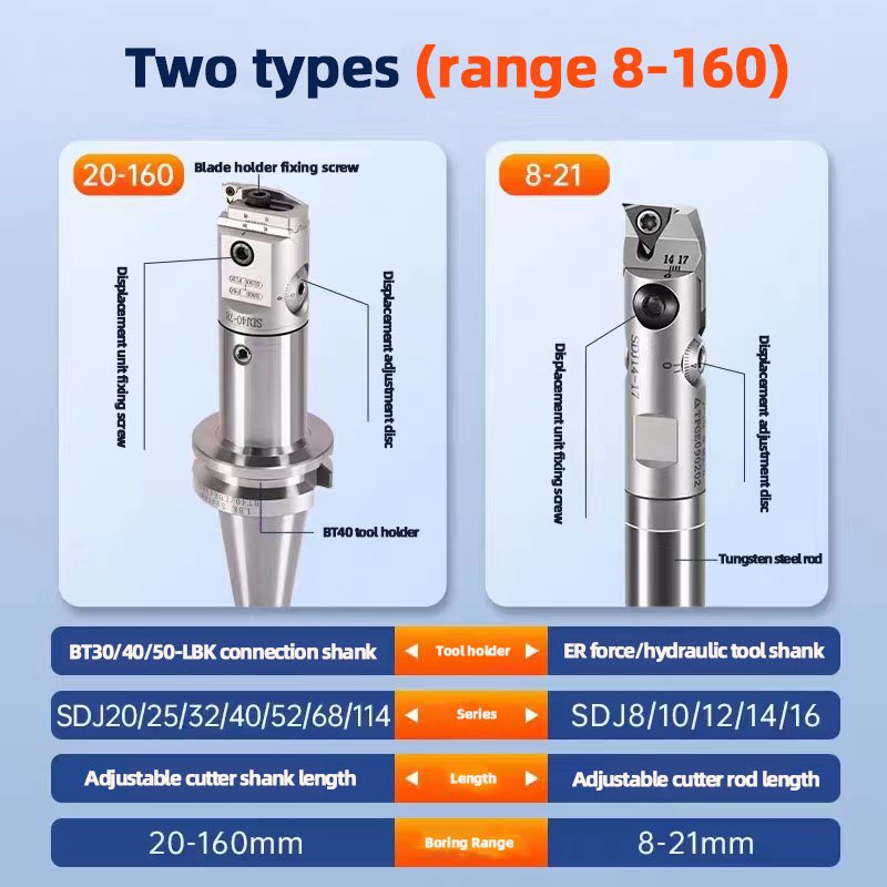 Fine Boring Head BT40 Tool Holder Boring Bar SDJ Bore Tools Boring Heads Set