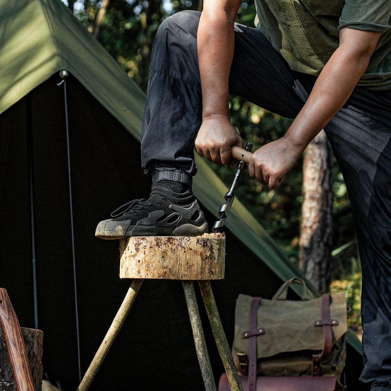 Bushcraft Carbon Steel Manual Outdoor Survival Tool Wooden Drill Head Boring Manual Drilling Tool