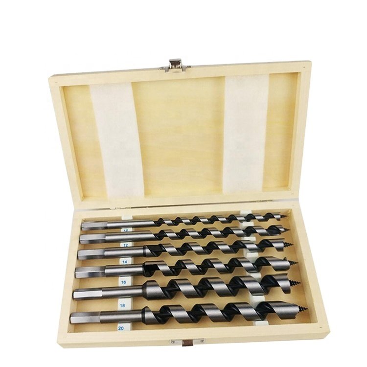 Wood-boring Auger Drill Bits High Speed Steel with Wooden Box Package 6pcs Drilling Deep Holes for Wood Hex Handle