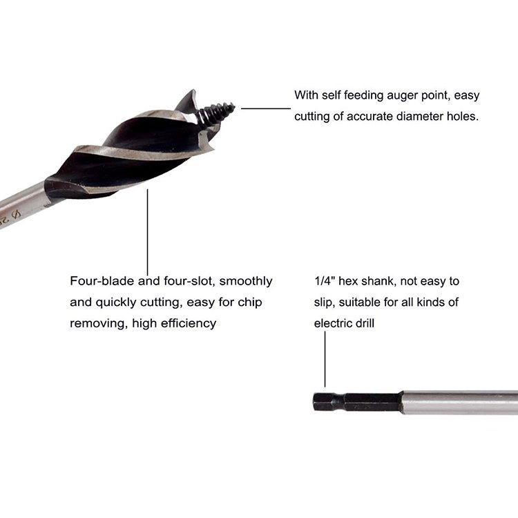 4 Flute Auger Drill Bit Wood Boring Brad Point Drill Bit for Woodworking