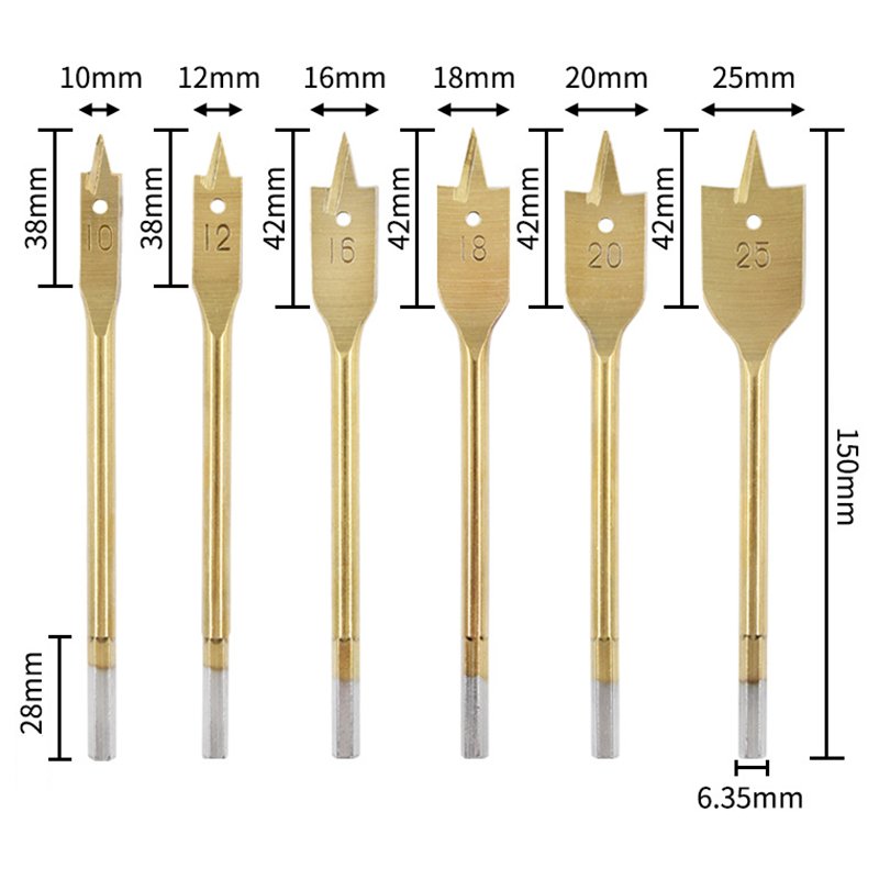 High Quality Wood Flat Drill Bit Set for Woodworking 6PCS Titanium Coated Hex Shank Carbon Steel spade drill bit set
