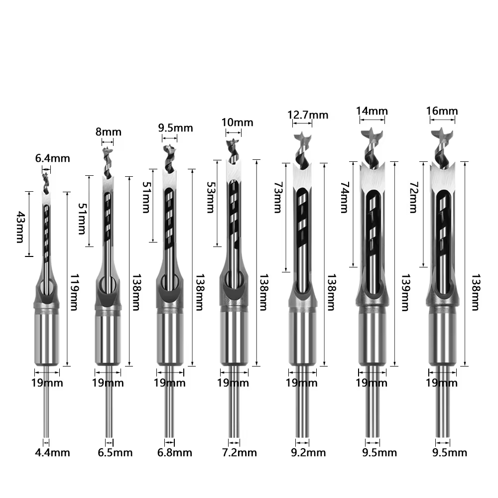 Square Drill Bit Set for Woodworking Hollow Chisel Mortising Bits Wood Drill Bits Available in Various Types and Sizes