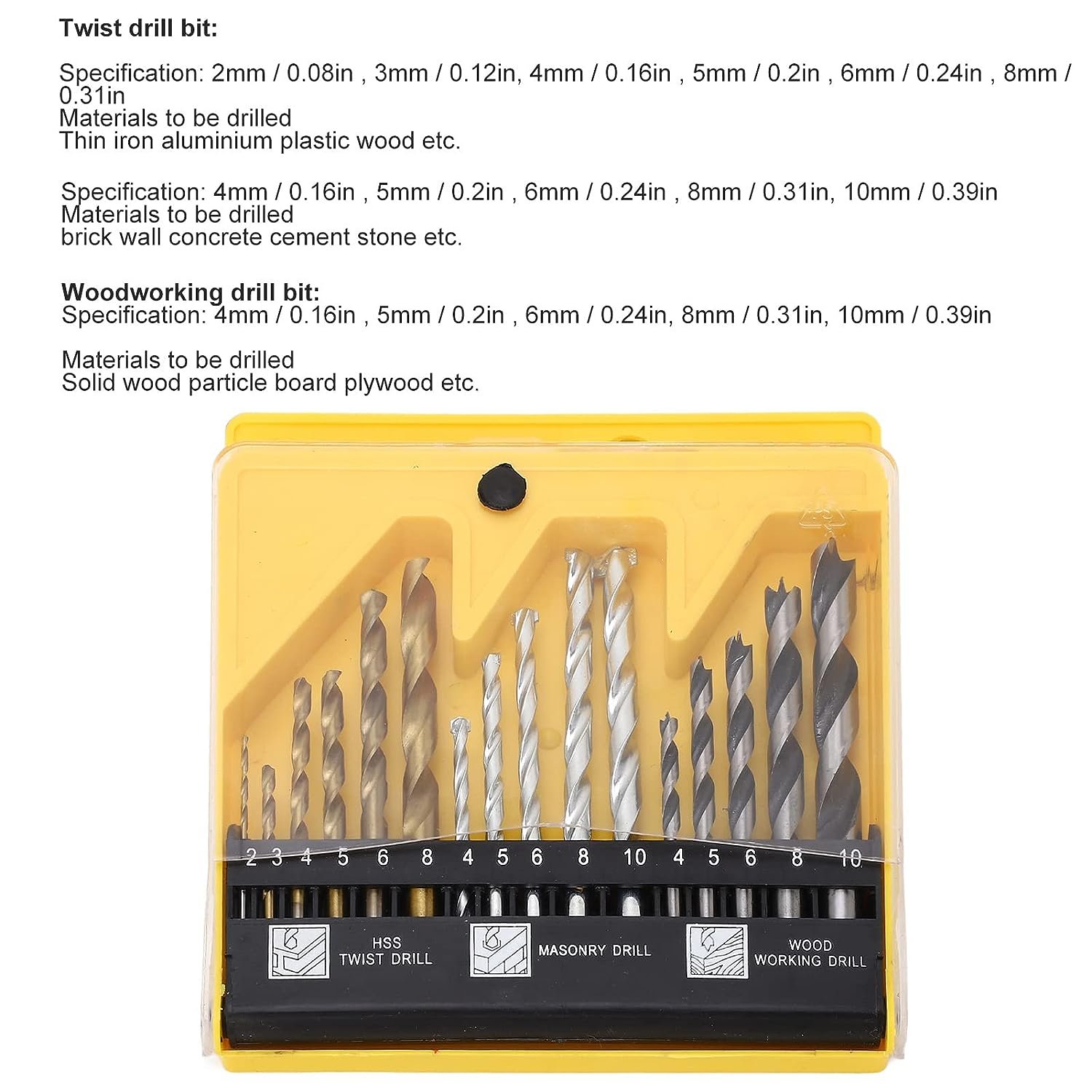 16PCS Multi Function High Speed Steel HSS Twist Masonry Wood Working Drill Bits Set with Straight Round Shank Spiral Flute
