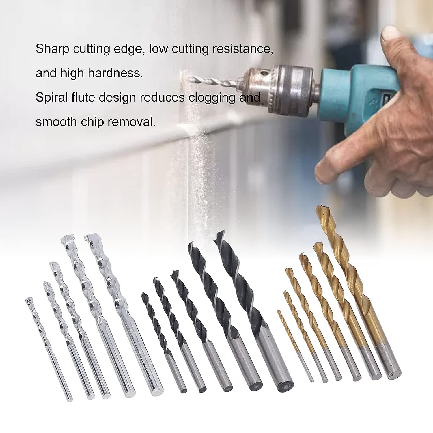 16PCS Multi Function High Speed Steel HSS Twist Masonry Wood Working Drill Bits Set with Straight Round Shank Spiral Flute