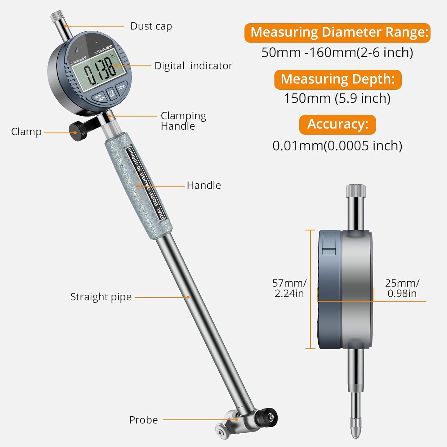 0.001 Reading 50-160mm Metric Inch Digital Cylinder Bore Gauge