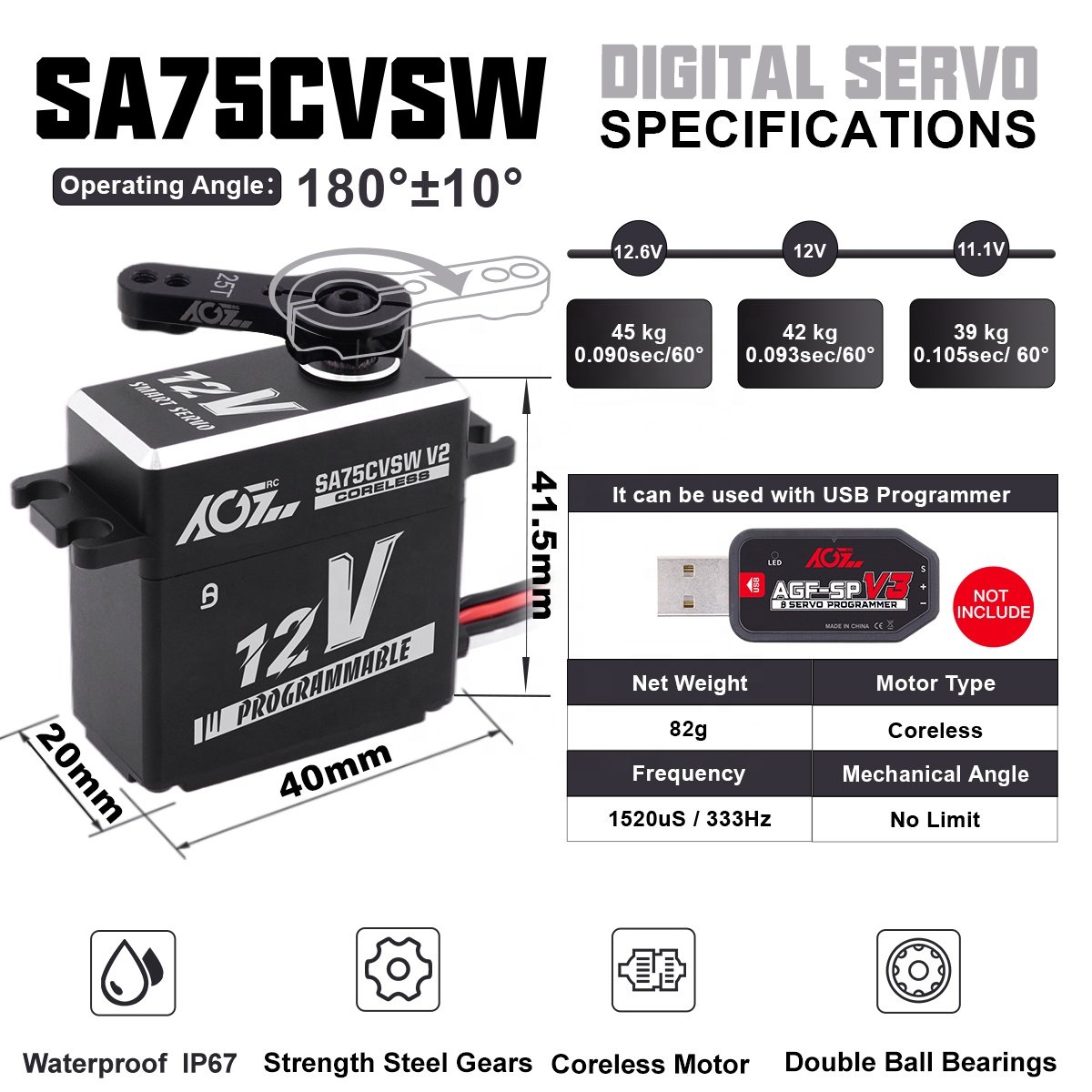 AGFRC SA75CVSW 3S Lipo 45KG 0.09Sec High Torque Metal Gear Programmable Coreless Motor 360 Degree Smart Servo Digital for RC Car