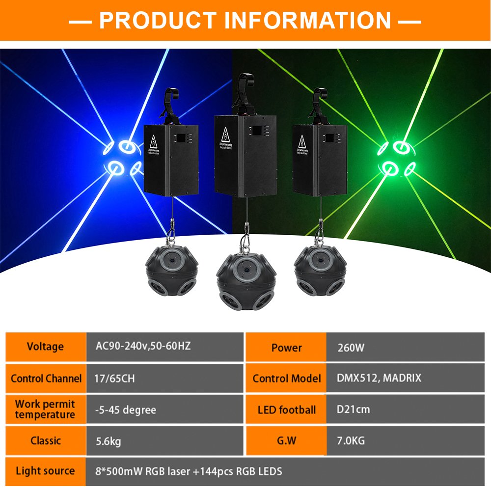 Kinetic laser football light with laser 8*500mW RGB laser +144pcs RGB LEDS Stage Dj Disco Cluba Light
