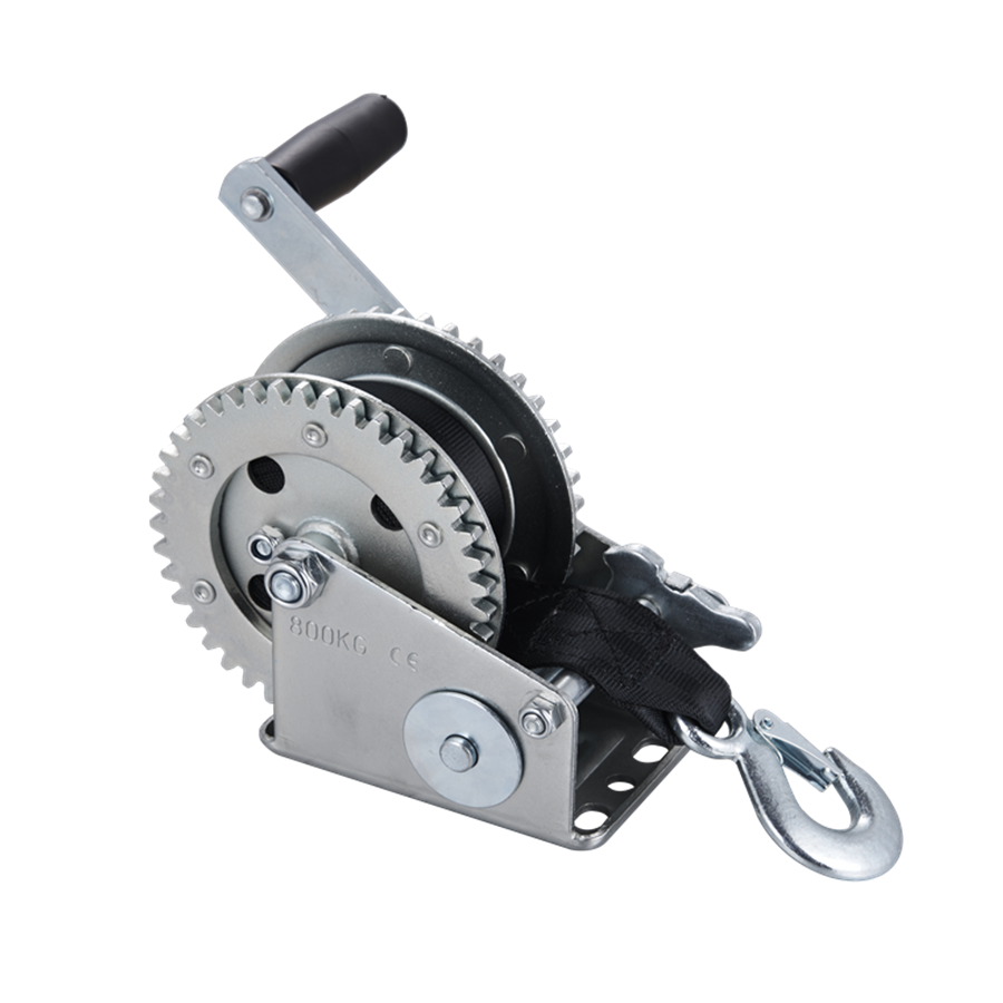 China Manufacturer 800KGS Light Duty Double Gear Hand Winch Trailer Winch With Webbing Strap 1 speed Zinc Plated
