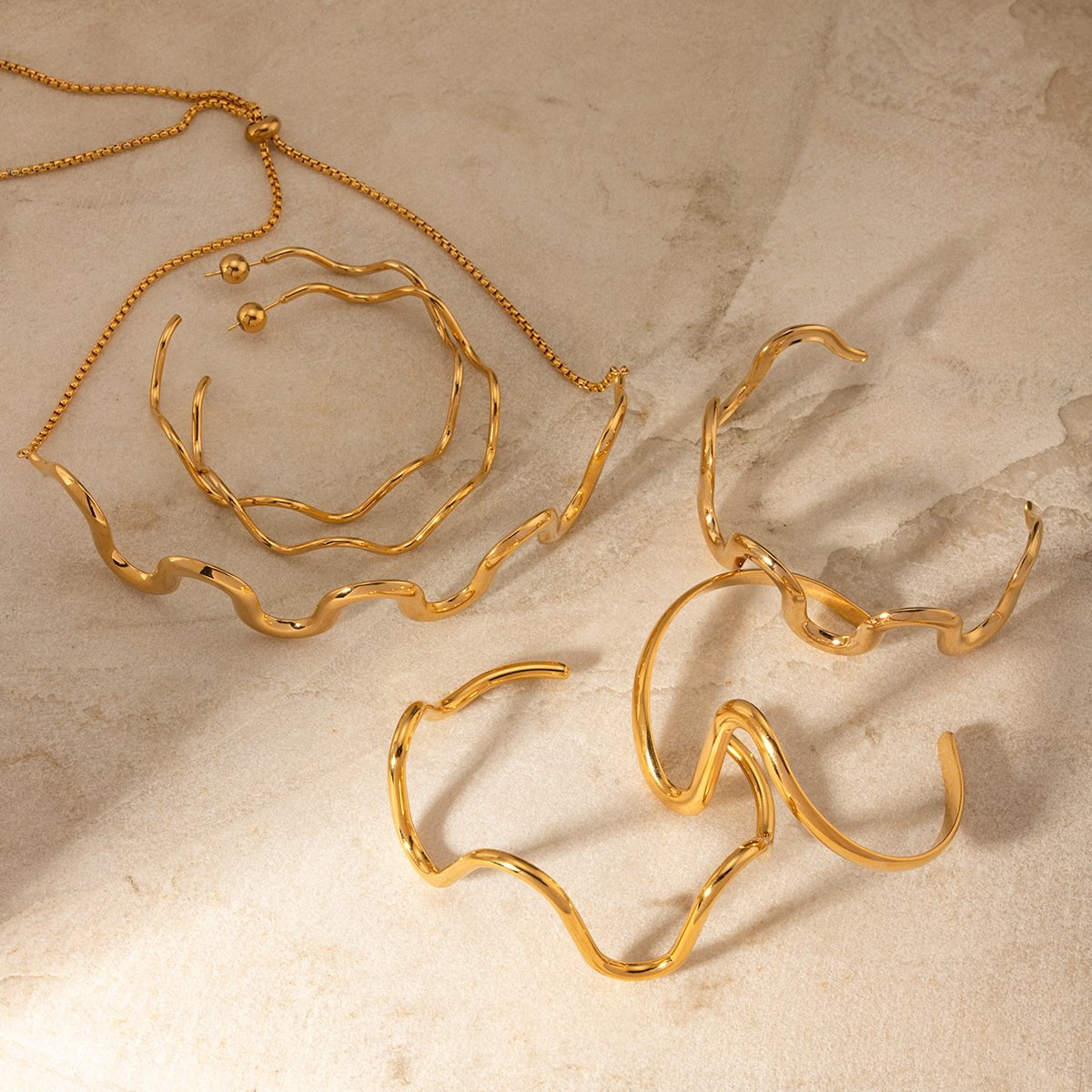 Exaggerated Geometric 18K Gold Plated Wave Curve Adjustable Necklace INS Jewelry Stainless Steel Bangle Earrings For Women
