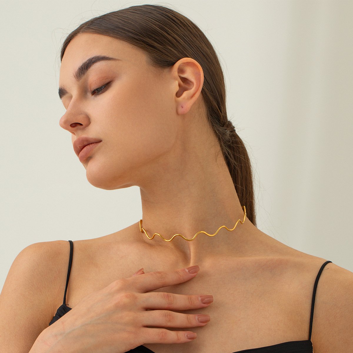 Exaggerated Geometric 18K Gold Plated Wave Curve Adjustable Necklace INS Jewelry Stainless Steel Bangle Earrings For Women