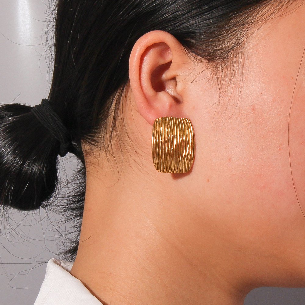 Stainless Steel Texture Stripes Design Big Square chunky earrings for women