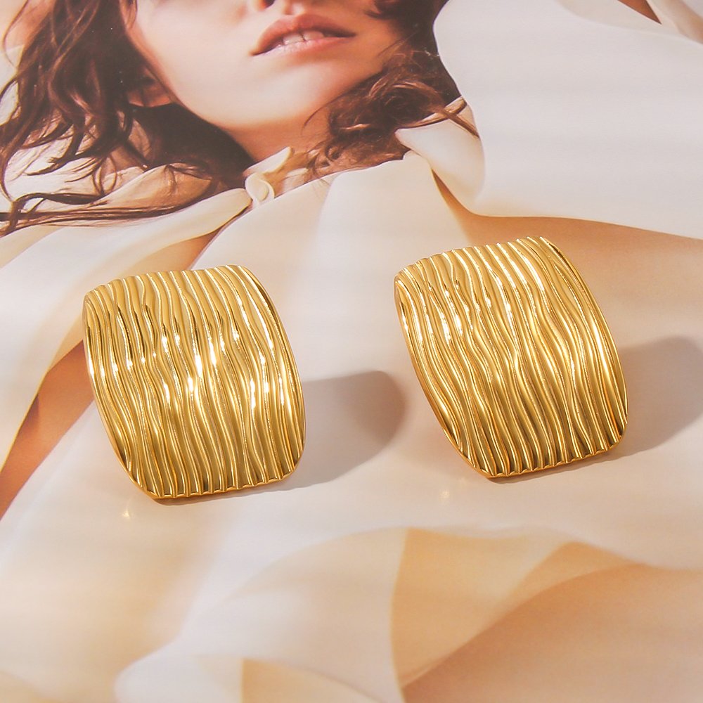Stainless Steel Texture Stripes Design Big Square chunky earrings for women