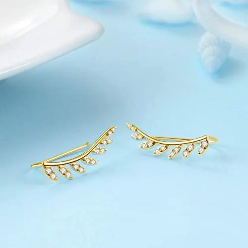 Fine Jewelry Gifts For Women 925 Sterling Silver Cubic Zircon Eyelash Style Earrings Ear Cuff Ear Climber Leaf Earrings