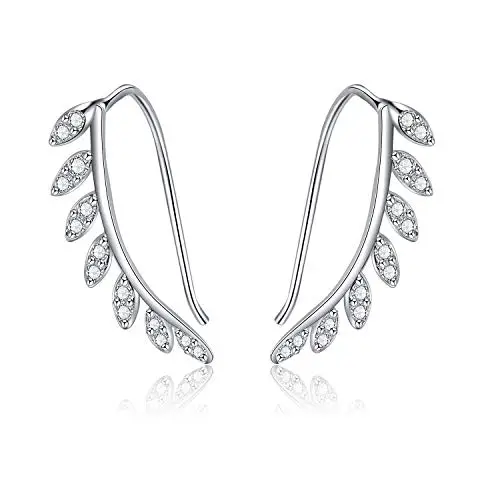 Fine Jewelry Gifts For Women 925 Sterling Silver Cubic Zircon Eyelash Style Earrings Ear Cuff Ear Climber Leaf Earrings