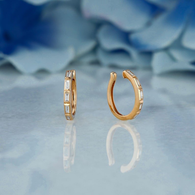 Solid 14k Yellow Gold No Piercing Ear Cuff Baguette Diamond Cartilage Earrings Minimalist Cuff Earring Fine Gold Diamond Jewelry