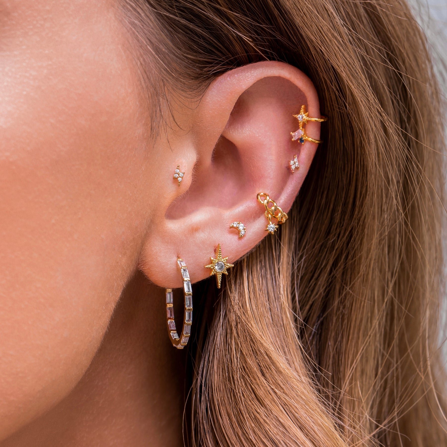 Laodun Hot Sales Fine Women Jewelry S925 Silver Cuff Earrings Creative Stars CZ Diamond Sterling Silver Ear Piercing Vermeil