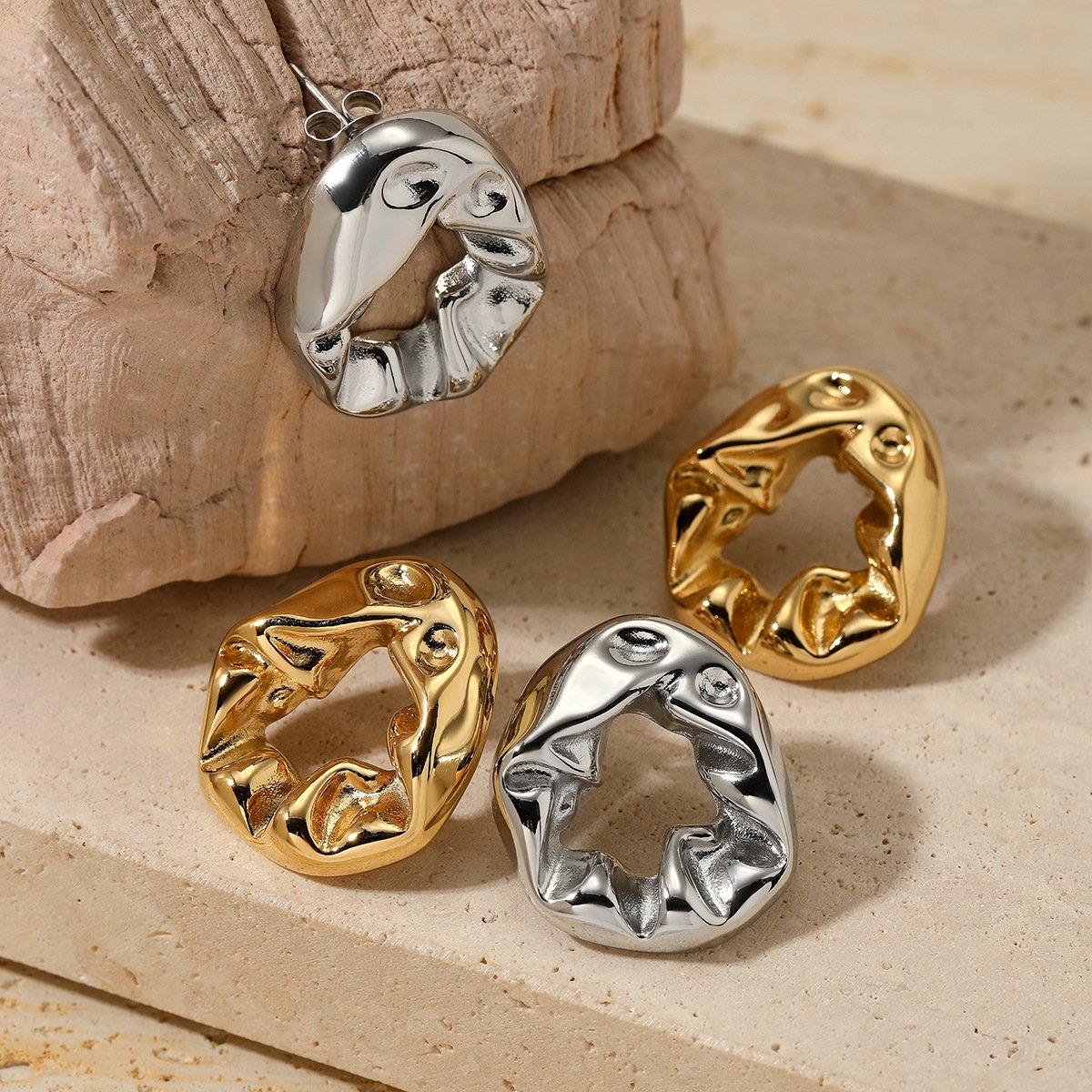 XY378 New Design Casual Irregular Pleated Earrings 18k Gold Plated Stainless Steel Ring Stud Earrings For Women