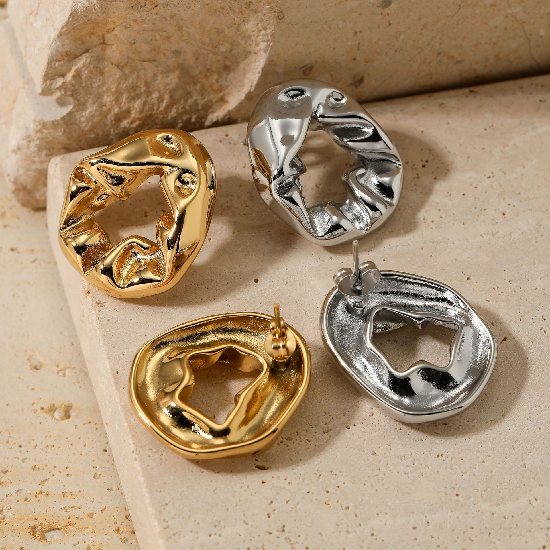 XY378 New Design Casual Irregular Pleated Earrings 18k Gold Plated Stainless Steel Ring Stud Earrings For Women