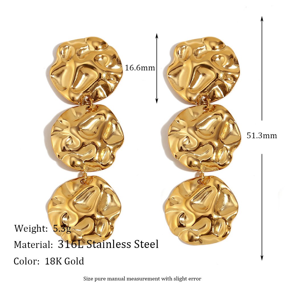 Trendy Stainless Steel Drop Earring Fine Jewelry Earrings 18K Gold Plated Irregular Hammered Earrings for Women